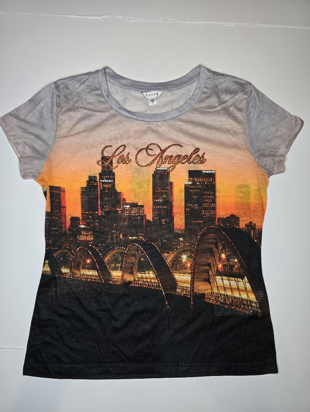 Guess Los Angeles Skyline Graphic Tee Medium Rhinestone Sunset Cityscape Shirt